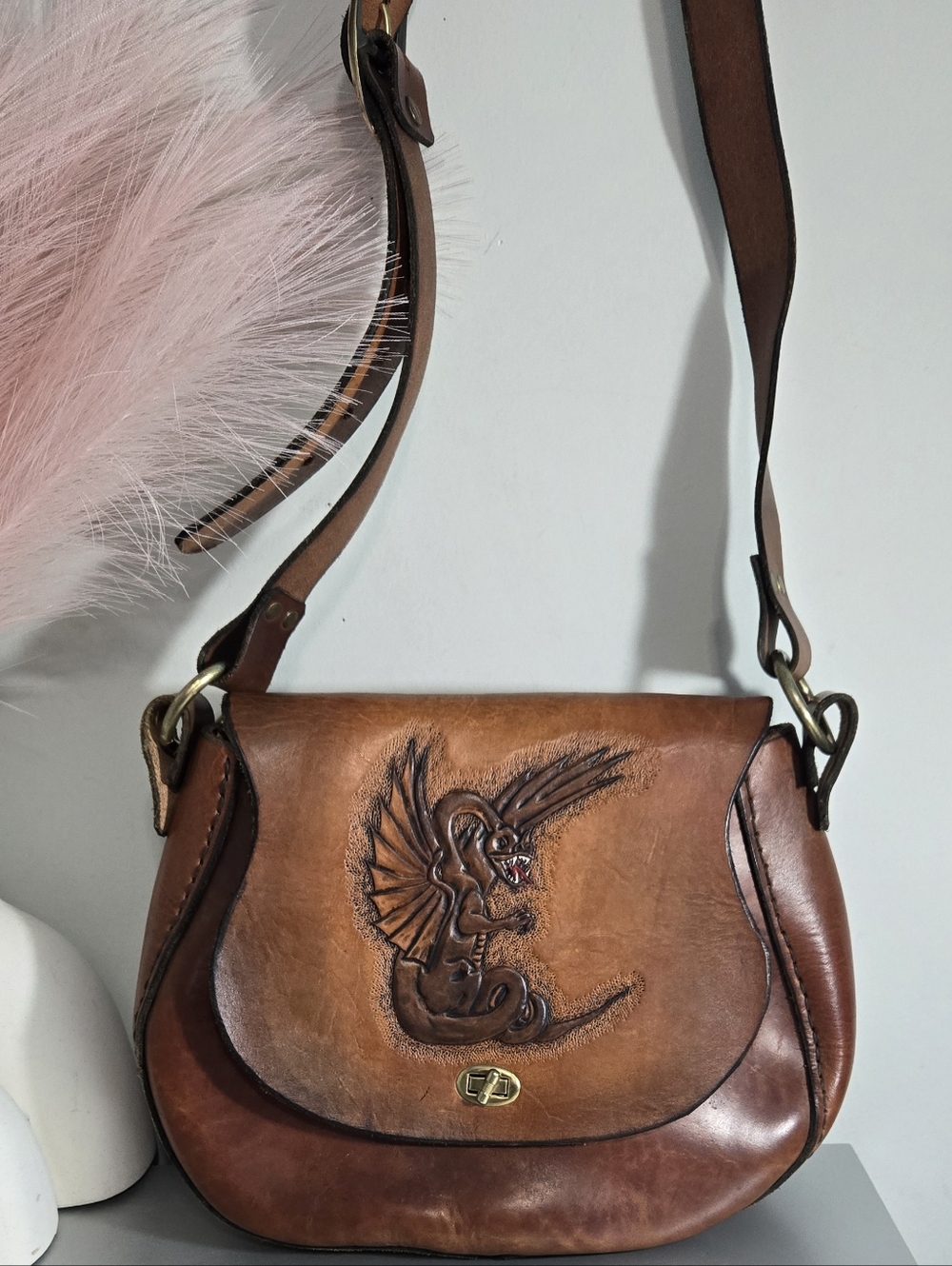 Unbranded Vintage Hand-Tooled Leather Dragon Crossbody Bag